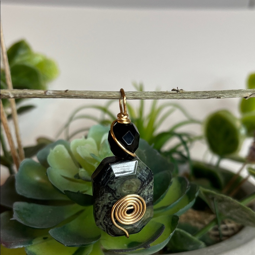 Kambaba Jasper Wire Wrapped Gold Swirl Pendant